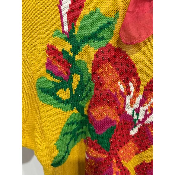 Vintage P.A. International Yellow Knit Top Red Floral Design Red Scarf Sz Large - Picture 4 of 9